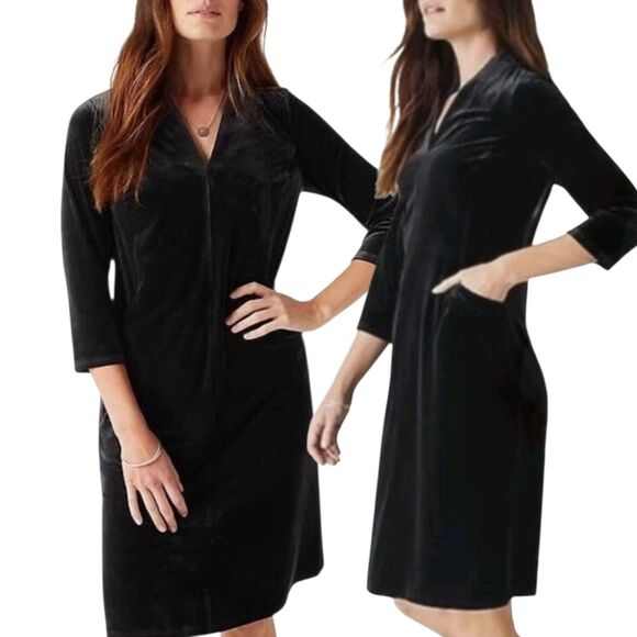 J. Jill Black Velvet Tunic Dress L PETITE New MSRP $119 Fall Goth W Pockets 3/4 - Picture 1 of 9